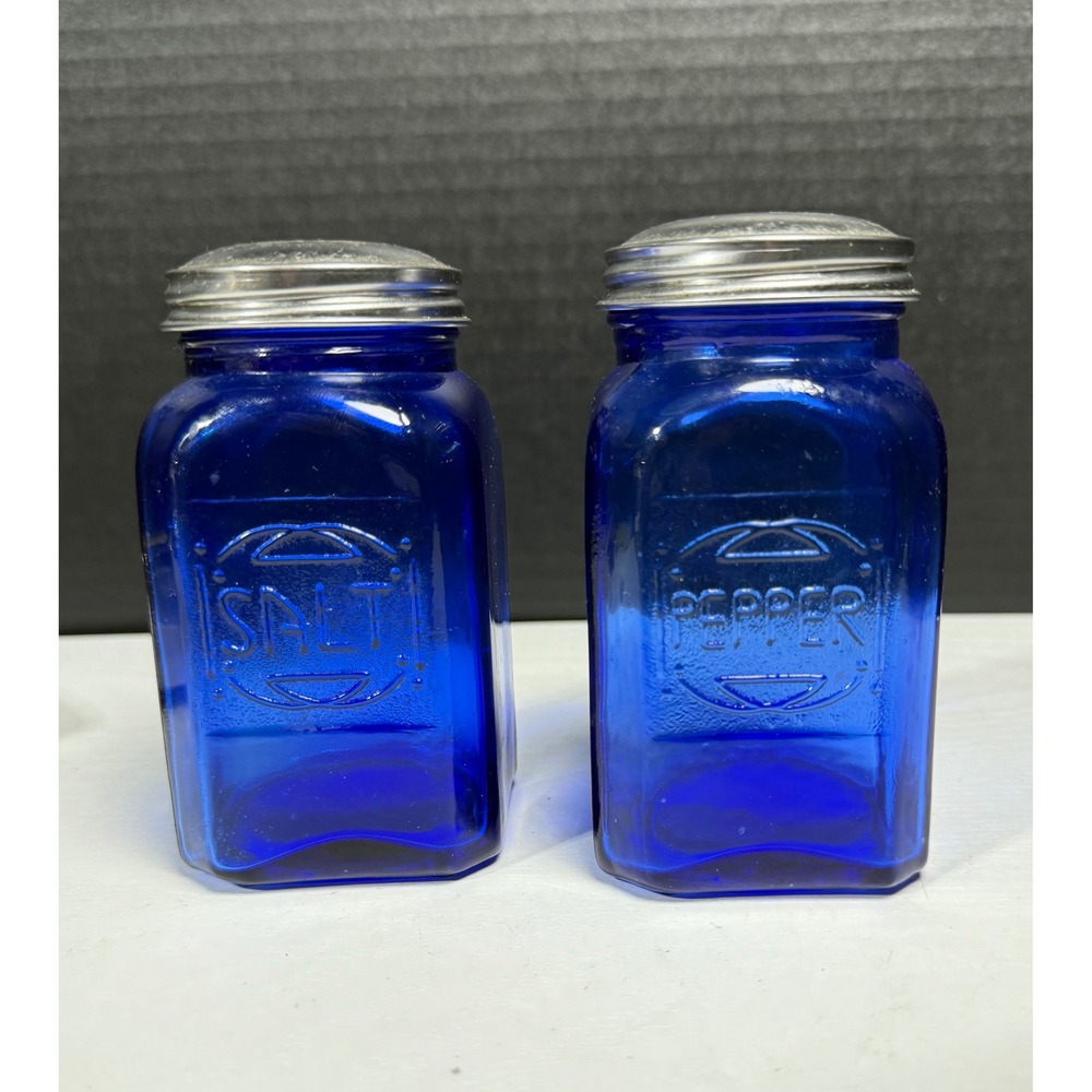 VTG Cobalt Blue Glass Range Salt & Pepper Square Shaker Set Art Deco Depression